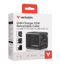 Caricabatterie - da muro - GaN - 65W - 2 porte - con cavo retrattile -Verbatim
