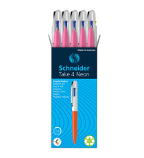 Penna a sfera Take 4 - punta media - 4 colori - fusto rosa fluo - Schneider
