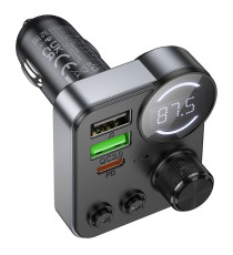 Trasmettitore Bluetooth Auto Hoco E86 48W PD QC3.0 con USB-C e 2 USB Nero, FM Bluetooth con ricarica rapida, supporto USB/TF