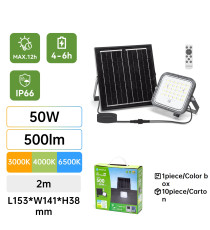 Faro led con pannello solare 50W 500 lumen CCT serie 09 2mt 3000K/4000K/6500K IP66 Monocristallino Dimmerabile L153xW141xH38mm