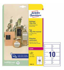 Cartellino stampabile resistente - plastica 190 µ - laser - 90 x 50 mm - 10 cart/fg - 10 fogli - bianco - Avery