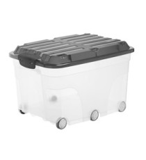 Contenitore Roller 6 - con ruote - 59,5x40x37 cm - 57 L - PPL - coperchio nero - trasparente - Rotho