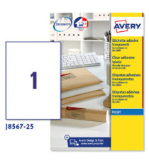 Etichette adesive J8567 - in poliestere - inkjet - permanenti - 210 x 297 mm - 1 et/fg - 25 fogli - trasparente - Avery