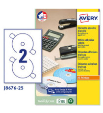 Etichette adesive J8676 - in carta - inkjet - permanenti - diametro CD 117 mm - 2 et/fg - 25 fogli - bianco opaco - Aver