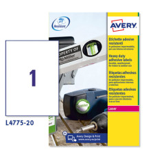Etichette adesive L4775 - in poliestere - laser - permanenti - 210 x 297 mm - 1 et/fg - 20 fogli - bianco - Avery
