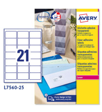 Etichette adesive L7560 - in poliestere - laser - permanenti - 63,5 x 38,1 mm - 21 et/fg - 25 fogli - trasparente - Aver