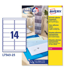 Etichette adesive L7563 - in poliestere - laser - permanenti - 99,1  x  38,1 mm - 14 et/fg - 25 fogli - trasparente - Av