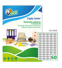 Etichette adesive ovali SL4 - in carta - permanenti - 36 x 20 mm - 60 et/fg - 100 fogli - argento satinato - Tico