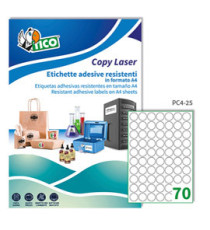 Etichette adesive tonde PC4 - in poliestere - laser - permanenti - diametro 25 mm - 70 et/fg - 100 fogli - trasparente -