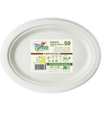 Piatto piano monouso - ovale - 26 x 19,5 cm - cellulosa - bianco - Dopla Green - conf. 50 pezzi