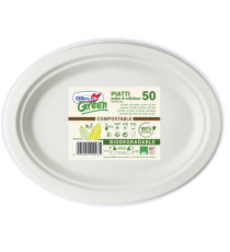Piatto piano monouso - ovale - 26 x 19,5 cm - cellulosa - bianco - Dopla Green - conf. 50 pezzi