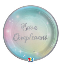Piatto Soft Rainbow - Buon Compleanno - diametro 24 cm - carta - Big Party - conf. 8 pezzi