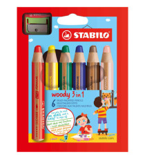 Pastelli Woody 3 in 1 - diametro mina 10 mm - con temperino - Stabilo - astuccio 6 pezzi