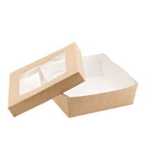 Scatola da asporto - con finestra trasparente - 14 x 14 x 5 cm - carta kraft/PE - avana - Leone - conf. 25 pezzi