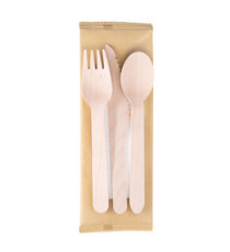 Tris posate monouso - con tovagliolo - 16 cm - legno - Signor Bio - conf. 100 pezzi