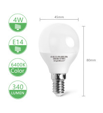 Lampadine led G45 4W attacco E14 340 lumen 6500K luce fredda misura D45xH80mm Equivalenza lampada incandescente: 31W