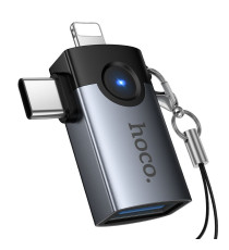 Adattatore OTG USB 2in1 Hoco UA46D Victory – da Lightning e USB-C a USB-A – Grigio