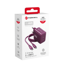 Caricabatterie con Cavo Forcell F-Energy GaN III 60W 2x USB-C PD QC4.0 PPS AVS SFC 2.0 + USB-C 60W 1m Bordeaux