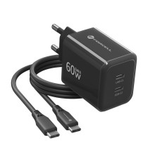 Caricabatterie con Cavo Forcell F-Energy GaN III 60W 2x USB-C PD QC4.0 PPS AVS SFC 2.0 + USB-C 60W 1m Nero