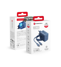Caricabatterie con Cavo Forcell F-Energy GaN III 60W 2x USB-C PD QC4.0 PPS AVS SFC 2.0 + USB-C 60W 1m Blu Navy