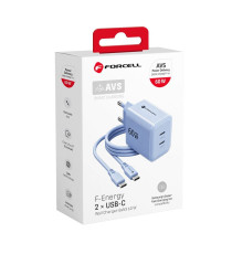 Caricabatterie con Cavo Forcell F-Energy GaN III 60W 2x USB-C PD QC4.0 PPS AVS SFC 2.0 + USB-C 60W 1m Blu Chiaro