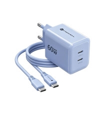 Caricabatterie con Cavo Forcell F-Energy GaN III 60W 2x USB-C PD QC4.0 PPS AVS SFC 2.0 + USB-C 60W 1m Blu Chiaro