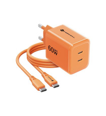 Caricabatterie con Cavo Forcell F-Energy GaN III 60W 2x USB-C PD QC4.0 PPS AVS SFC 2.0 + USB-C 60W 1m Arancione