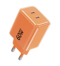 Caricabatterie con Cavo Forcell F-Energy GaN III 60W 2x USB-C PD QC4.0 PPS AVS SFC 2.0 + USB-C 60W 1m Arancione