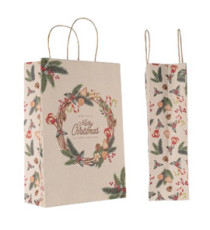 Shopper - maniglie cordino - 18 x 8 x 24 cm - carta kraft - natale ghirlanda verde - Mainetti Bags - conf. 25 pezzi