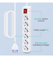 Multipresa Elettrica 6 Posti 16A 3680W con Interruttore Cavo 5 Metri 3G1mm² Bianca Ciabatta 6 Prese Italiane 250V con Terra IP20