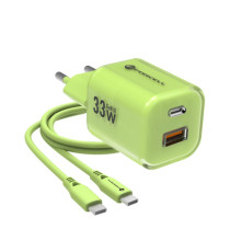 Pack caricabatterie da muro 2 porte USB-A e USB-C 33W verde Forcell F-Energy Crystal VT-41 cavo type-c PD QC4.0 tecnologia GaN3