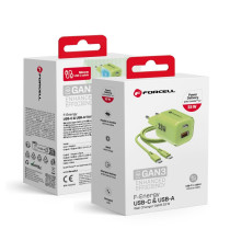 Pack caricabatterie da muro 2 porte USB-A e USB-C 33W verde Forcell F-Energy Crystal VT-41 cavo type-c PD QC4.0 tecnologia GaN3