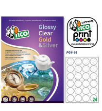 Etichetta adesiva PG4  permanente  tonda  44 mm  24 etichette per foglio  bianco lucido  Tico  conf. 100 fogli A4 Etichetta adesiva PG4  permanente  tonda  44 mm  24 etichette per foglio  bianco lucido  Tico  conf. 100 fogli A4