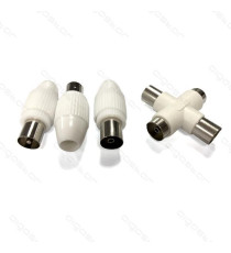 KIT CONNETTORE ANTENNA TV 3PZ 9.5MM SDOPPIATORE DUPLICATORE A T (2FEMMINE-1MASCHIO) + 2 CONNETTORI SPINE (MASCHIO)  JACK KIT CONNETTORE ANTENNA TV 3PZ 9.5MM SDOPPIATORE DUPLICATORE A T (2FEMMINE-1MASCHIO) + 2 CONNETTORI SPINE (MASCHIO)  JACK