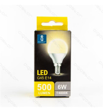 LAMPADINA LED A5 G45 6W ATTACCO E14 500 LUMEN COLOR BOX 6400K LUCE FREDDA ANGOLO 230 D45*H80mm EQUIVALE 50W INCANDESCENZA LAMPADINA LED A5 G45 6W ATTACCO E14 500 LUMEN COLOR BOX 6400K LUCE FREDDA ANGOLO 230 D45*H80mm EQUIVALE 50W INCANDESCENZA