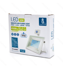 FARO LED SLIM BIANCO 50W CON SENSORE MOVIMENTO 4500 LUMEN 6400K LUCE FREDDA -IN ALLUMINIO- IP65 L211*W245*H56mm