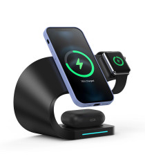 STAZIONE DI RICARICA 4 IN 1 PER SMARTPHONE SMARTWATCH EARPODS WIRELESS QI UNIVERSALE NERO - RICARICA FAST CONTEMPORANEA CHARGER