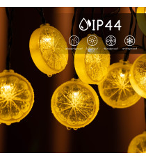 CATENA LUMINOSA LED CON PANNELLO SOLARE - LUCE CALDA CCT2700K-3000K IP44 10 LAMPADINE LIMONE 3.8MT ACCENSIONE AUTOMATICA NOTTE