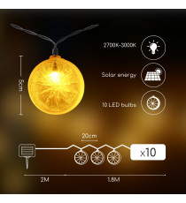 CATENA LUMINOSA LED CON PANNELLO SOLARE - LUCE CALDA CCT2700K-3000K IP44 10 LAMPADINE LIMONE 3.8MT ACCENSIONE AUTOMATICA NOTTE