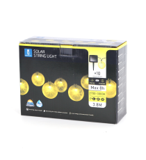 CATENA LUMINOSA LED CON PANNELLO SOLARE - LUCE CALDA CCT2700K-3000K IP44 10 LAMPADINE LIMONE 3.8MT ACCENSIONE AUTOMATICA NOTTE