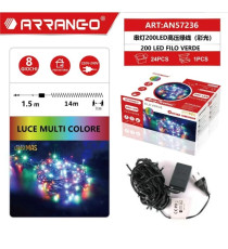 CATENA LUMINOSA LED DA 200 LUCCIOLE DA INTERNO ARRANGO 57236 15.5MT LUCE MULTICOLORE 8 GIOCHI LUMINOSI - FILO VERDE 220V-240V