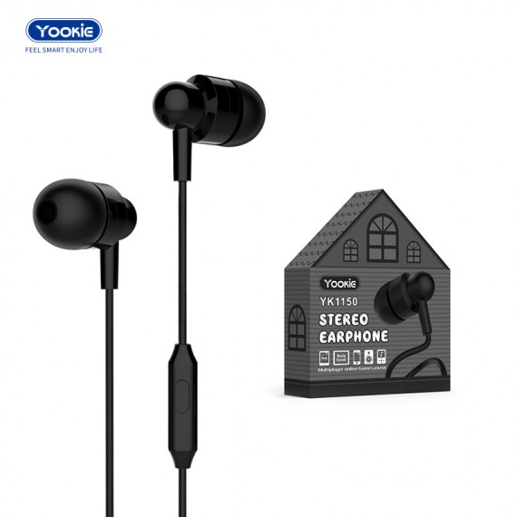 Auricolari Yookie YK1150 Black con microfono - jack 3,5mm Auricolare cuffie  stereo neri da 3,5 mm di alta qualità in-ear - 120cm