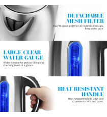 Bollitore elettrico in acciaio INOX Argento - 2200W - capacità 1,7 LITRI - Tempo bollitura rapido - Certificato Aigostar Bollitore elettrico in acciaio INOX Argento - 2200W - capacità 1,7 LITRI - Tempo bollitura rapido - Certificato Aigostar