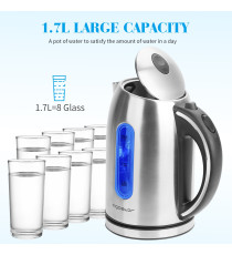 Bollitore elettrico in acciaio INOX Argento - 2200W - capacità 1,7 LITRI - Tempo bollitura rapido - Certificato Aigostar Bollitore elettrico in acciaio INOX Argento - 2200W - capacità 1,7 LITRI - Tempo bollitura rapido - Certificato Aigostar