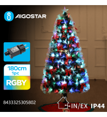 Albero di Natale in fibra ottica 180cm 205 led Rgby multicolor -rami folti- 8 giochi di luce+memoria+timer IP44 int/est