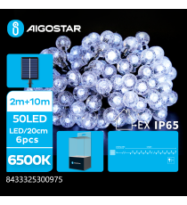 Catena luminosa solare con lampadine a sfera 50 led 10mt - 6500K luce fredda bianca - 8 giochi di luce - IP65 da esterno