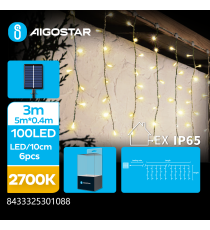Catena luminosa solare a cascata 100 led 5mtx0.40mt - 2700K luce calda gialla - 8 giochi di luce - IP65 da esterno Catena luminosa solare a cascata 100 led 5mtx0.40mt - 2700K luce calda gialla - 8 giochi di luce - IP65 da esterno