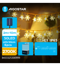 Catena luminosa solare con stelle e fiocchi di neve 50 led 10mt - 2700K luce calda gialla - 8 giochi di luce - IP65 da esterno Catena luminosa solare con stelle e fiocchi di neve 50 led 10mt - 2700K luce calda gialla - 8 giochi di luce - IP65 da esterno