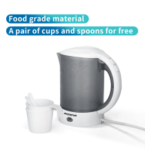 Bollitore elettrico in plastica da viaggio bianco 650W capacità 600ml - Bpa Free - con 2 bicchieri e 2 chiucchiaini inclusi