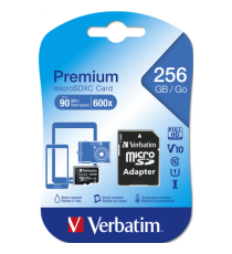 Micro Sd 256GB Verbatim 44087 con adattatore microSDXC 256 GB classe 10 44087 Velocità di lettura: fino a 90MB/Sec Micro Sd 256GB Verbatim 44087 con adattatore microSDXC 256 GB classe 10 44087 Velocità di lettura: fino a 90MB/Sec
